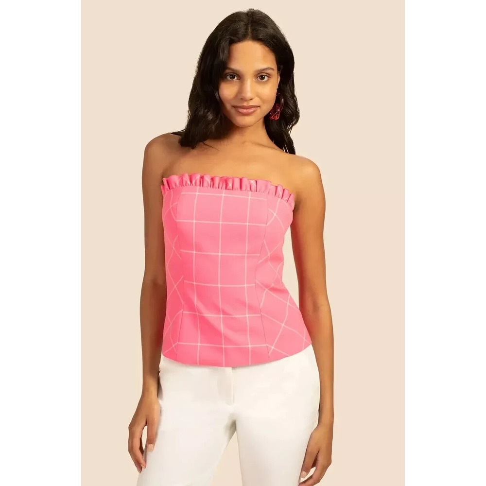 Trina Turk Strapless Top Caleta Windowpane Candy Pink Elastic Back Ruffle L